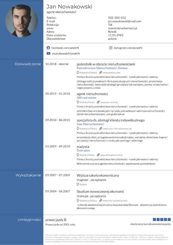 cv dla agenta nieruchomości, szablon cv w kolorze niebieskim