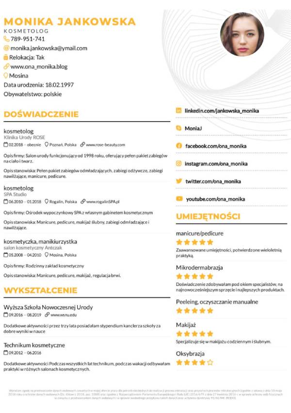 cv dla kosmetyczki, żółte