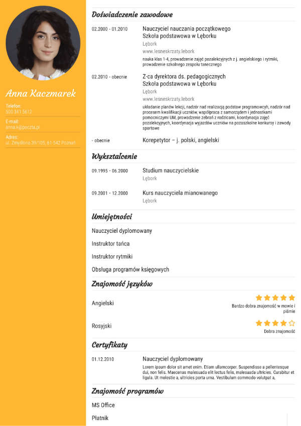 cv nauczyciela - żółte
