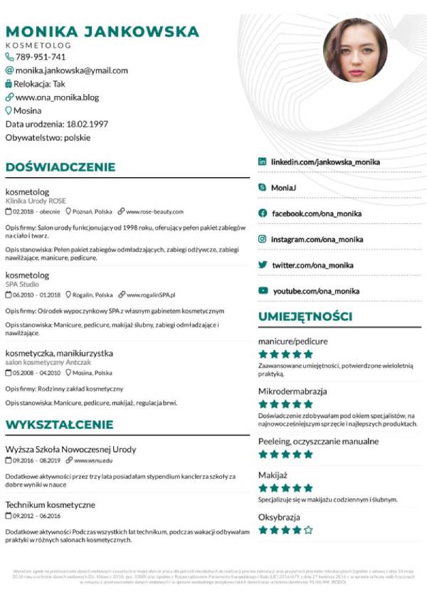 szablon cv kosmetyczka kolor miętowy